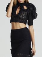 Romwe Short Sleeve Hollow Crop Top With Lace Skirt