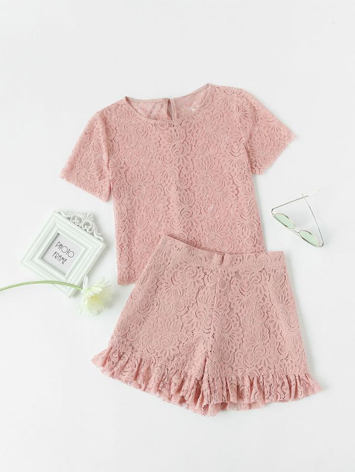 Romwe Self Tie Keyhole Back Lace Top With Frill Shorts