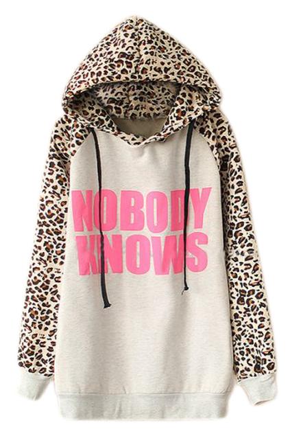 Romwe Romwe Color Block Leopard Print Hooded Light-grey Hoodie