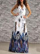 Romwe Halter Backless Flowers Print Blue Dress