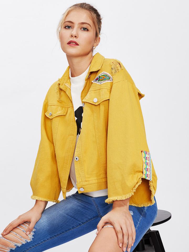 Romwe Ripped Trim Patch Detail Single Breasted Jacket