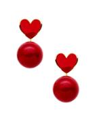 Romwe Red Faux Pearl Heart Stud Earrings