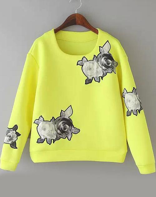 Romwe Neon Yellow Long Sleeve Floral Crop Sweatshirt