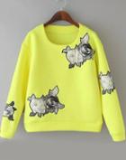 Romwe Neon Yellow Long Sleeve Floral Crop Sweatshirt