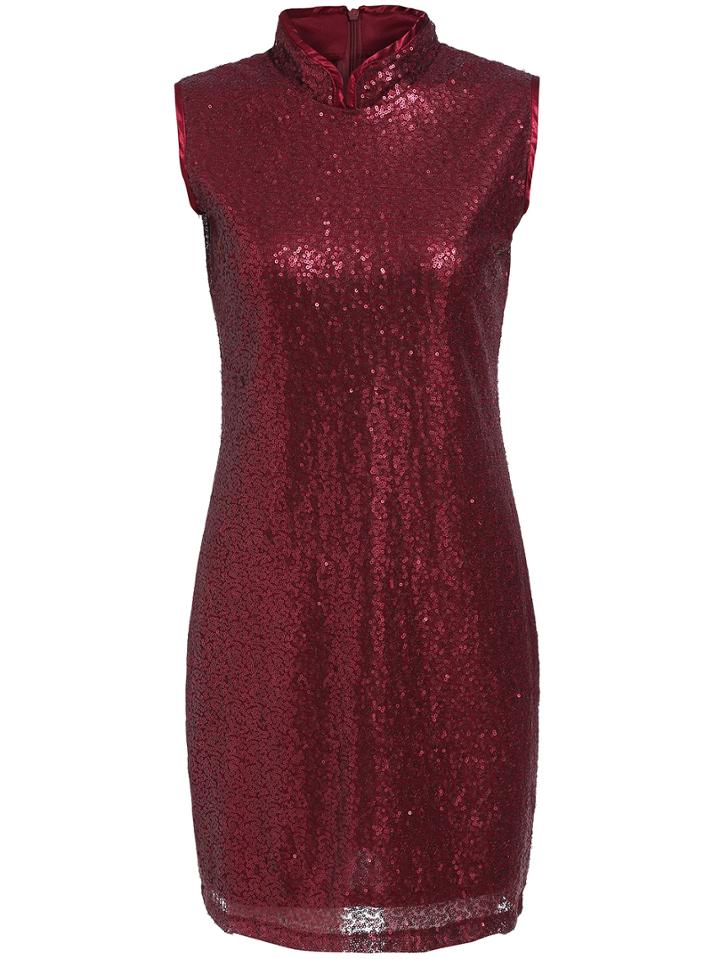 Romwe Stand Collar Sequined Bodycon Dress