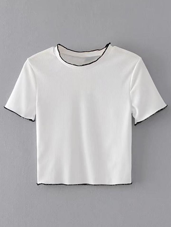 Romwe Contrast Lockstitch Trim Ribbed Tee