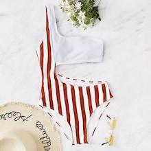 Romwe Striped Cut-out Side One Shoulder One Piece Swimwear