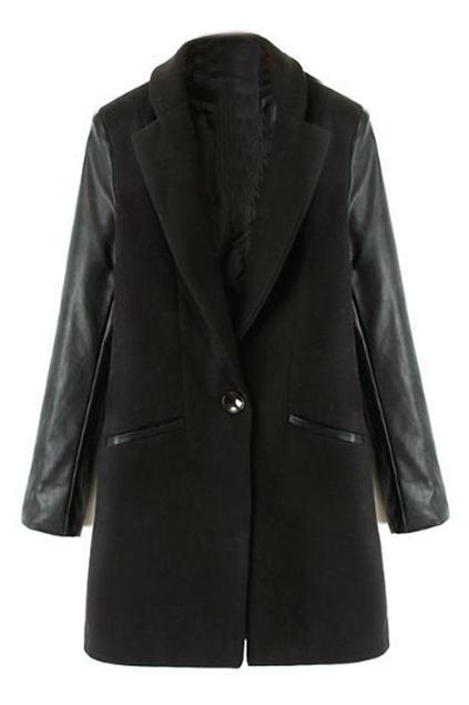 Romwe Pu Panel Single Buttoned Black Coat