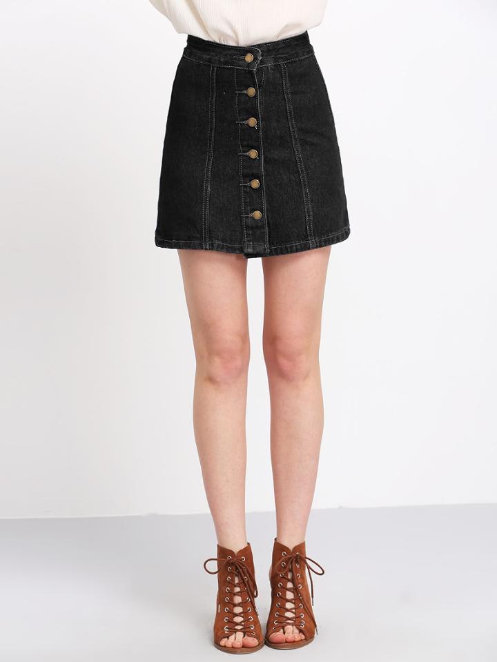 Romwe Buttons Through Up Topstitch Denim Skirt
