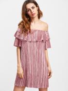 Romwe Pink Ruffle Off The Shoulder Pleated Velvet Dress