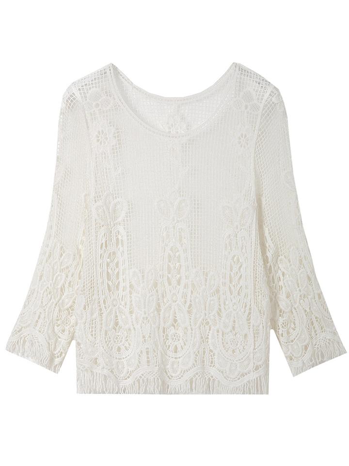 Romwe White Lace Crochet Cropped Blouse