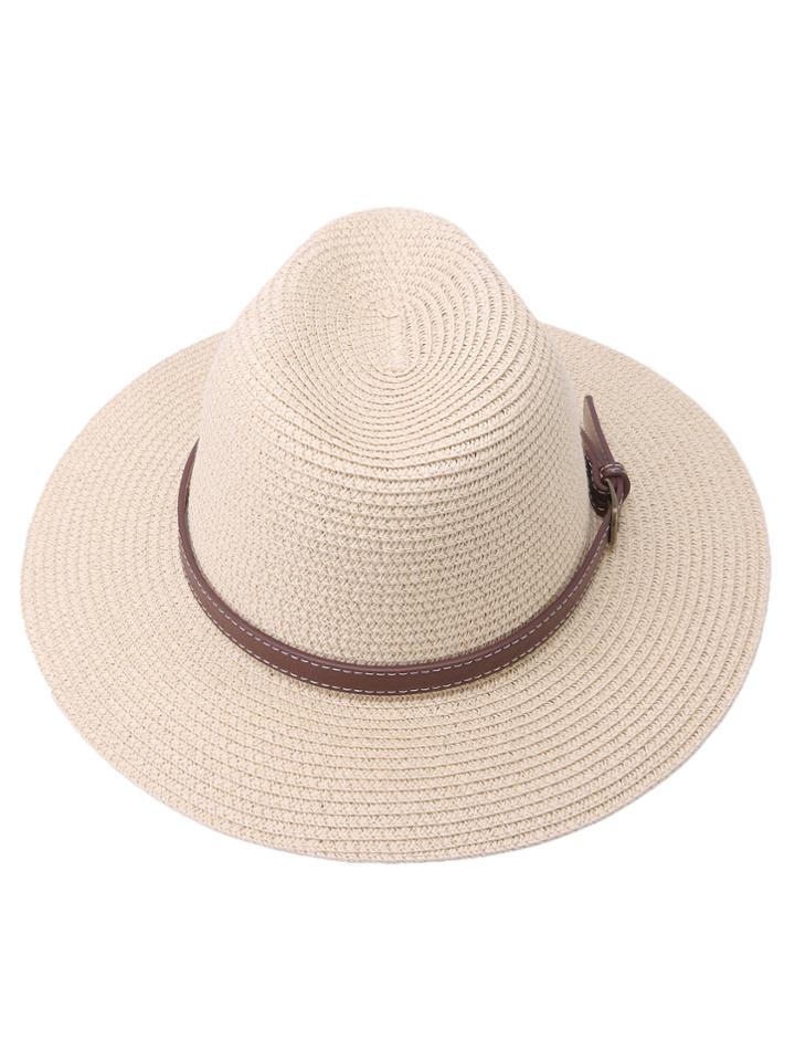 Romwe Beige Straw Fedora Hat With Faux Leather Belt