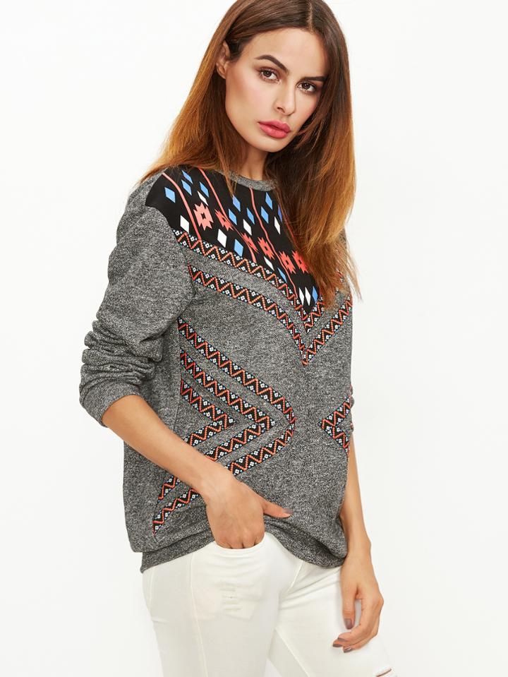 Romwe Grey Marled Tribal Print Sweatshirt With Embroidered Tape Detail