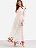 Romwe 3/4 Sleeve Flower Print Long Dress - White