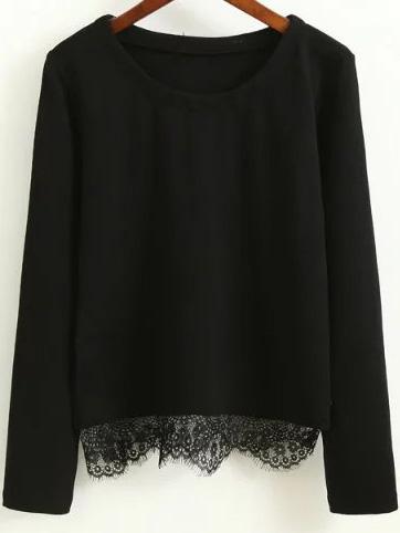 Romwe Black Eyelash Lace Hem Casual Top