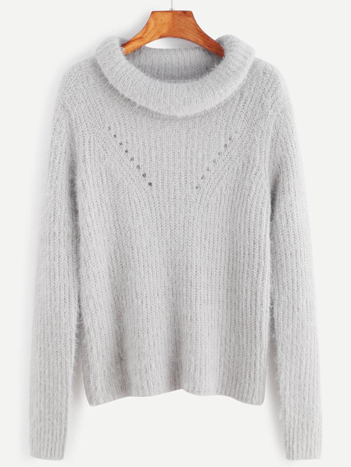 Romwe Pale Grey Roll Neck Eyelet Fuzzy Sweater