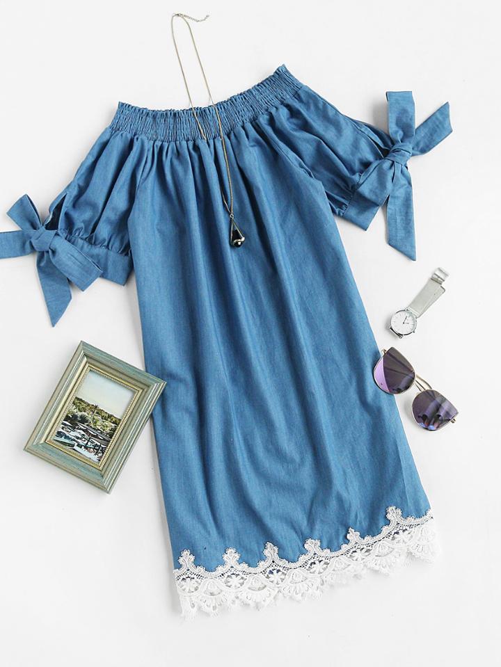 Romwe Shirred Bow Tie Sleeve Lace Hem Dress