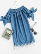 Romwe Shirred Bow Tie Sleeve Lace Hem Dress
