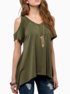 Romwe Green Open Shoulder Asymmetrical Hem T-shirt