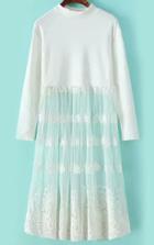 Romwe Stand Collar Sheer Mesh Lace White Dress
