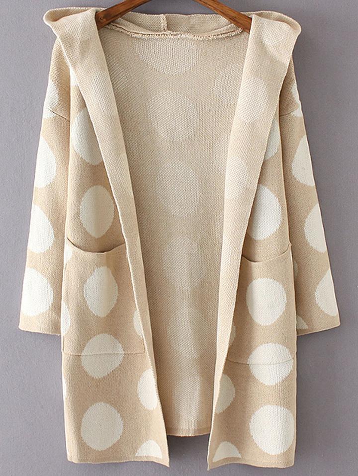 Romwe Khaki Polka Dot Hooded Cardigan With Pockets