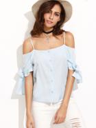Romwe Cold Shoulder Buttons Bow Blouse