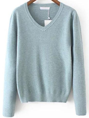 Romwe V Neck Slim Blue Sweater