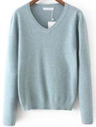 Romwe V Neck Slim Blue Sweater