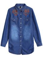 Romwe Bleached Embroidered Denim Navy Blouse