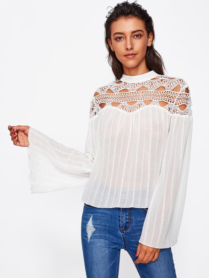 Romwe Hollow Out Lace Yoke Fluted Sleeve Textured Top