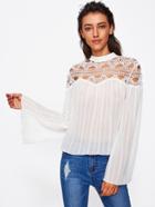 Romwe Hollow Out Lace Yoke Fluted Sleeve Textured Top