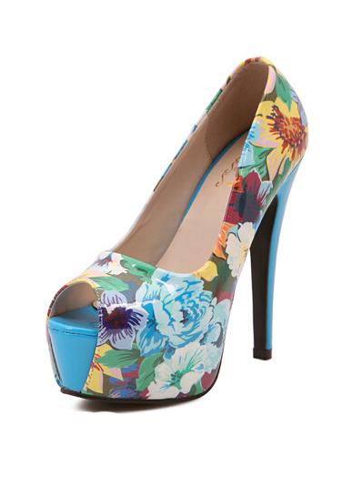Romwe Blue Florals High Heeled Peep Toe Pumps