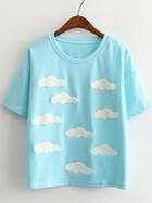 Romwe Blue Short Sleeve Clouds Casual T-shirt