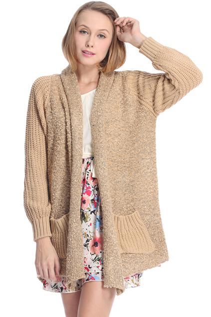 Romwe Romwe Twin Pockets Chunky Knitted Khaki Cardigan