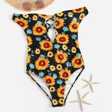 Romwe Floral Criss Cross Bardot One Piece Swim