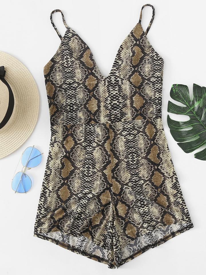 Romwe Snakeskin Pattern V Neckline Cami Romper