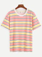 Romwe Multicolor Striped Contrast Neck T-shirt