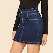 Romwe Frill Waist Zip Front Denim Skirt