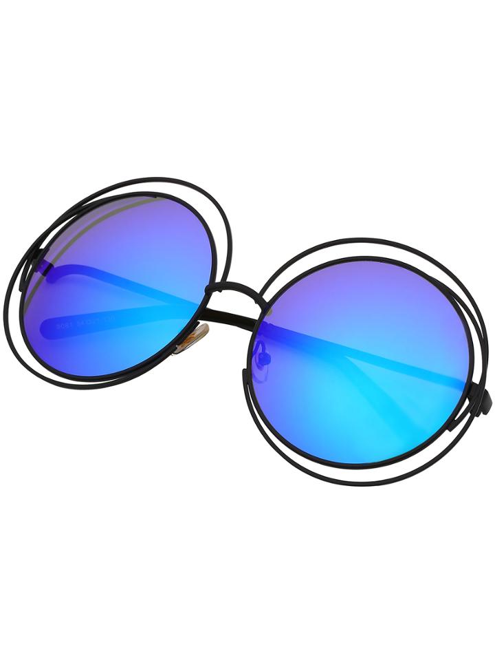 Romwe Cut Out Round Frame Blue Lens Sunglasses