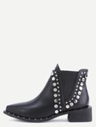 Romwe Black Faux Leather Point Toe Studded Elastic Ankle Boots