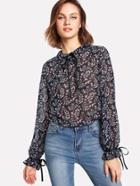 Romwe Tie Neck And Cuff Flower Print Semi Sheer Blouse