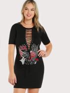 Romwe Print & Text Lace Up Tee Dress