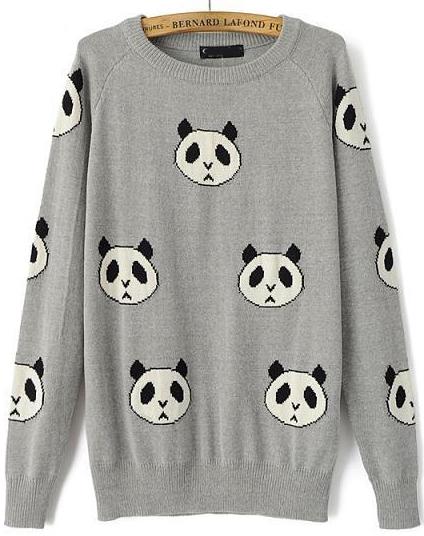 Romwe Panda Print Knit Grey Sweater