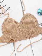 Romwe Khaki Hollow Out Crochet Halter Neck Top