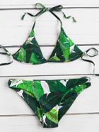 Romwe Tropical Print Halter Lace Up Bikini Set