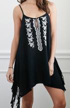 Romwe Spaghetti Strap With Tassel Embroidered Black Dress