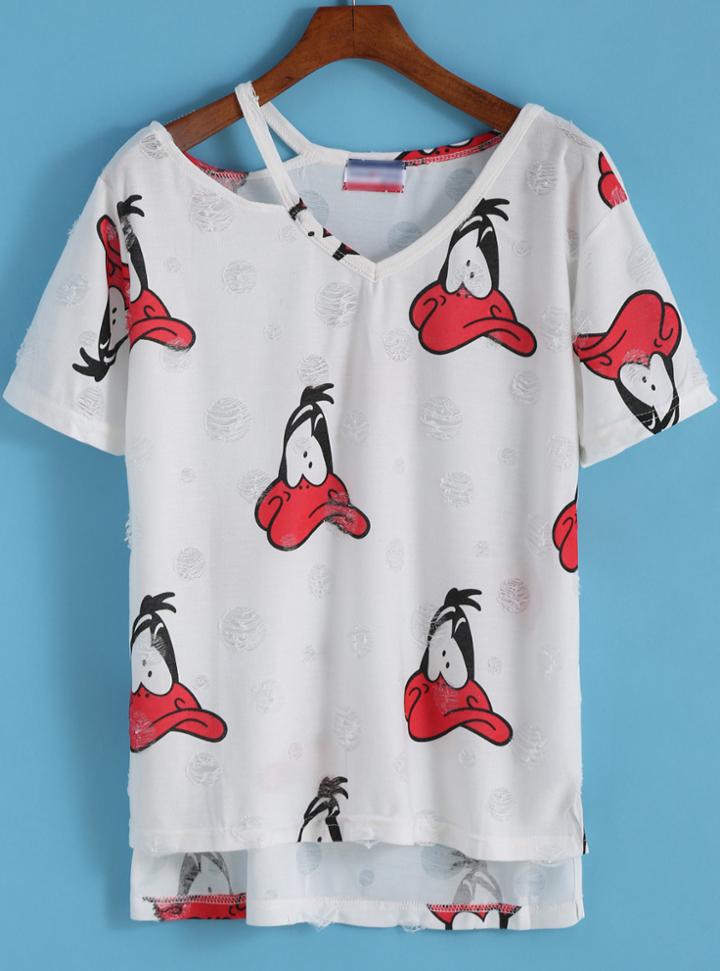 Romwe Dip Hem Duck Print Red T-shirt