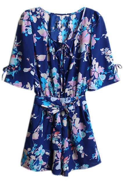 Romwe Floral Print Self-tied Blue Jumpsuit