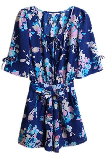 Romwe Floral Print Self-tied Blue Jumpsuit