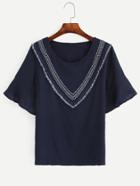 Romwe Navy Ruffle Sleeve Blouse With Woven Tape Detail